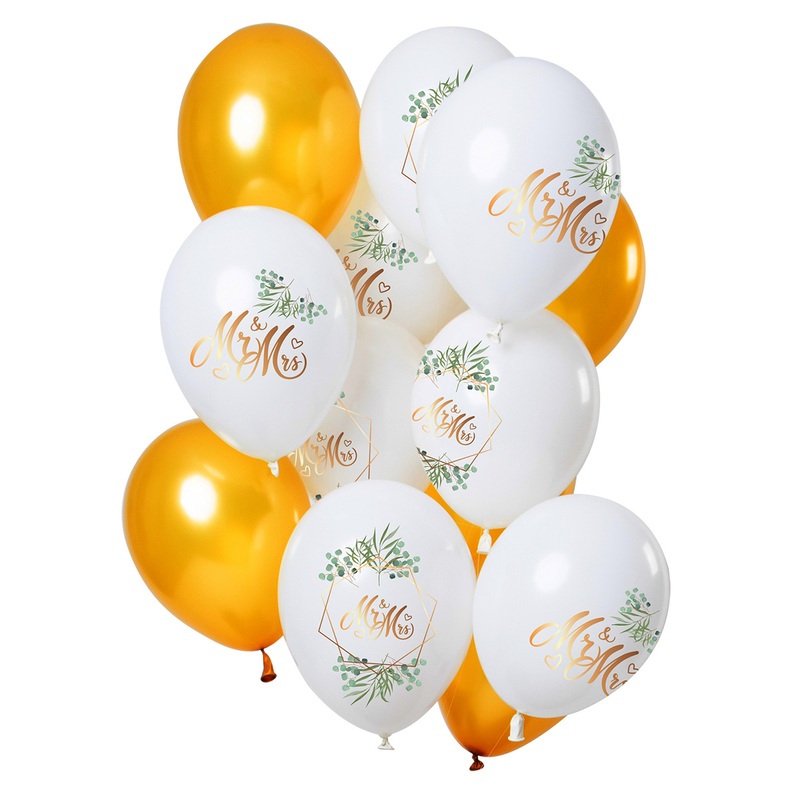 12 latex balloons Mr and Mrs gold