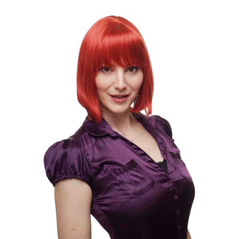 Lady women wig classic Bob Longbob bangs fringe straight short ruby red 2212