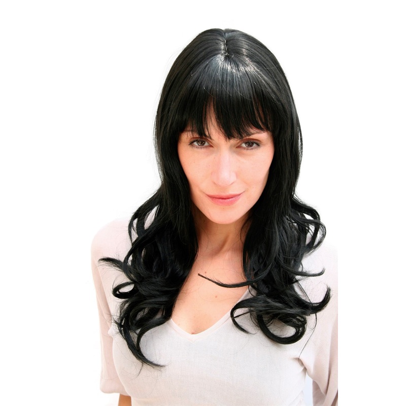 Lady women wig very long beautiful curling tips fringe bangs black 3001