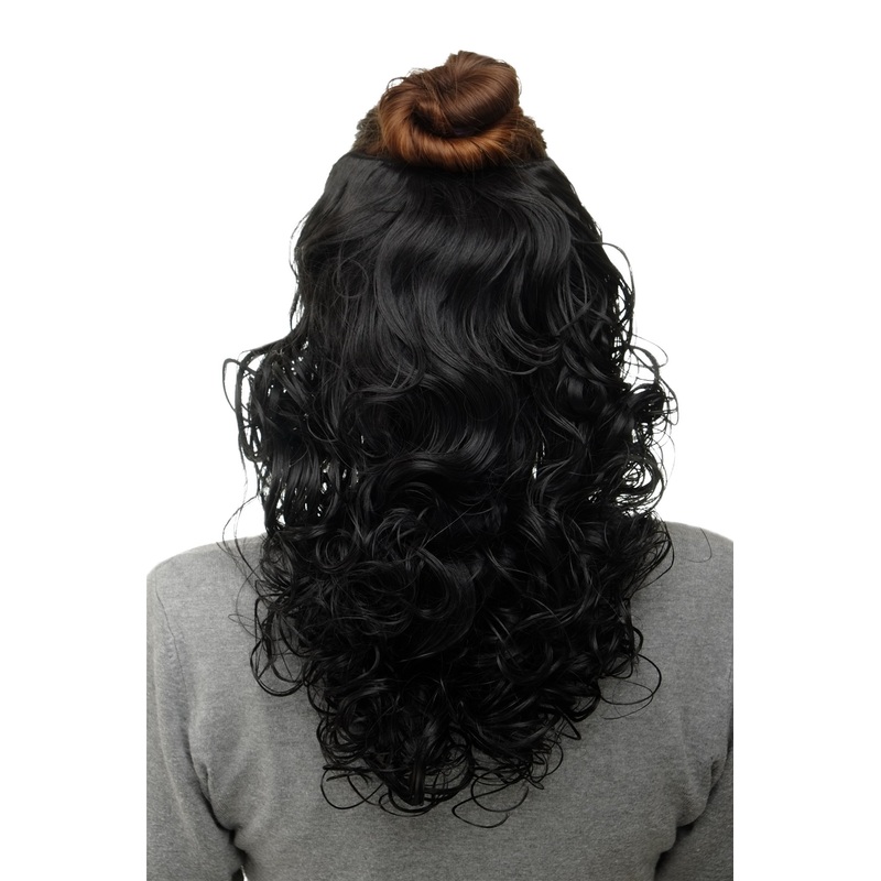 Hairpiece 7 Clips Hair Extension Half Wig Curls Black H9312-1B
