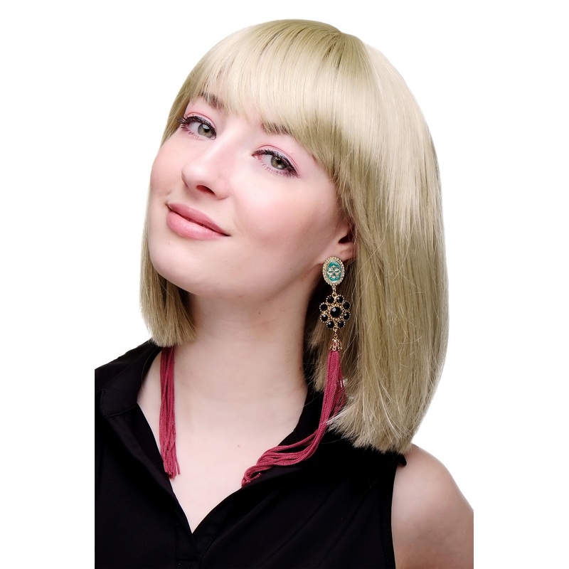 Lady women wig short straight Long Bob fringe bangs medium blonde 7803