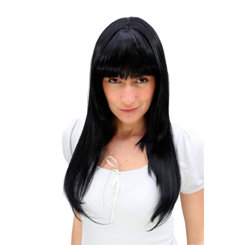Lady women wig stunning long deep black straight fringe mistrress temptress 3223