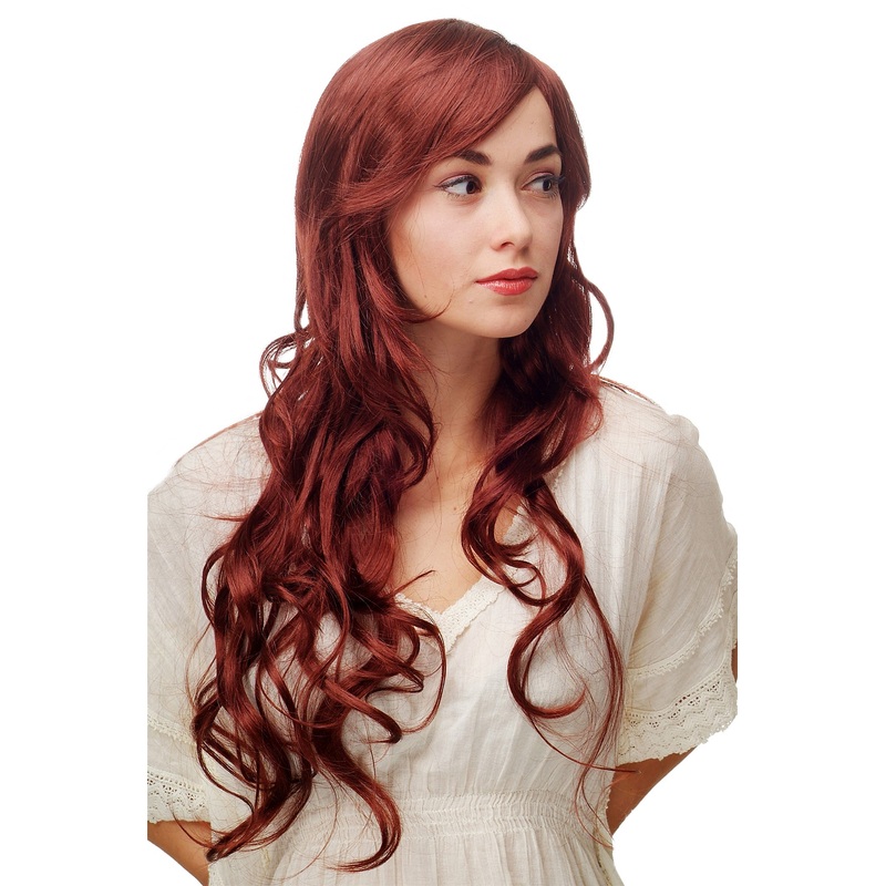 Lady women wig very long wavy long fringe for side parting reddish brown 9204S