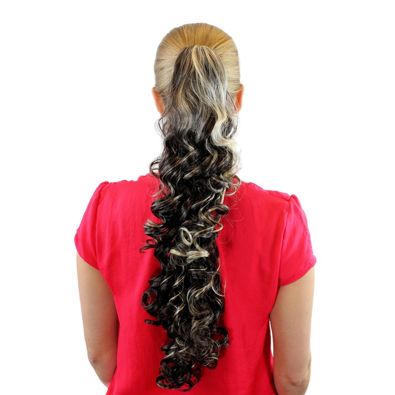 Ponytail Hairpiece extension very long curled curls clamp brown blond mix BR0516