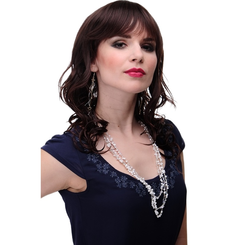 Lady women wig wavy stringy wet look fringe bangs parted mahogany brown mix 5019