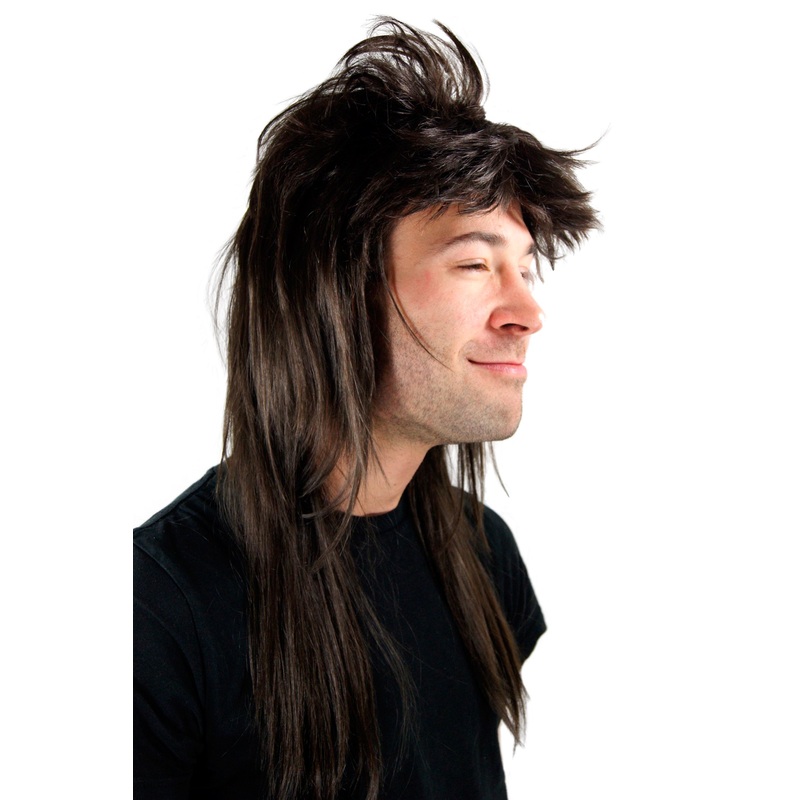 Party Wig Men Women Unisex dark brown long mullet Heavy Metal Hard Rock 20781