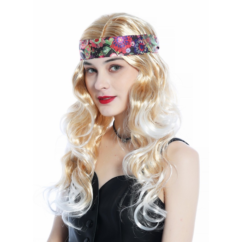 Wig Ladies women headband long blond platinum streaked mix Hippie 70s CW-029