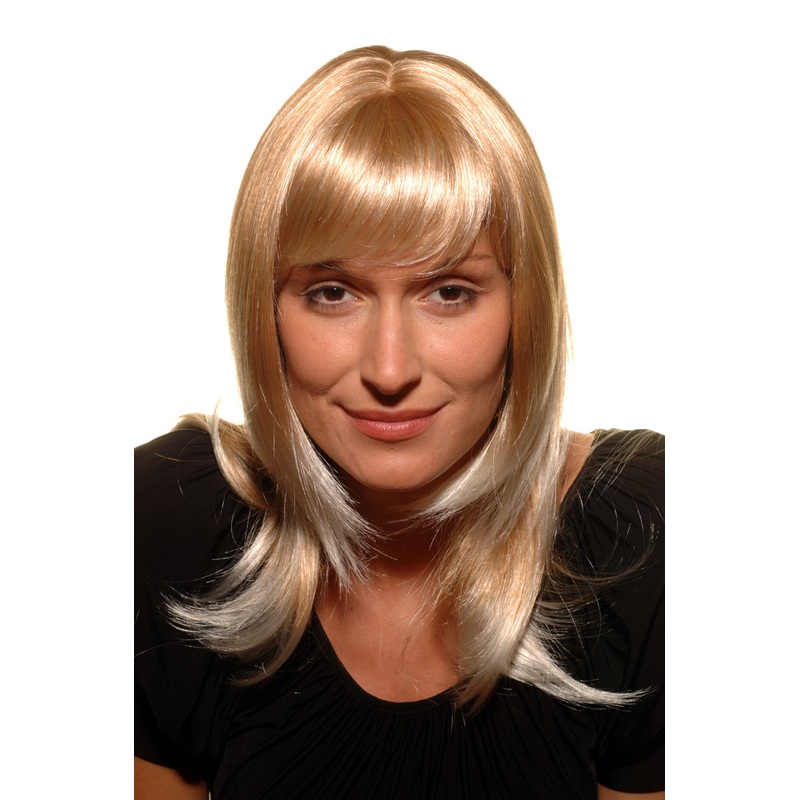 Lady wig medium length fringe parted to side straight layered blond mix 3003