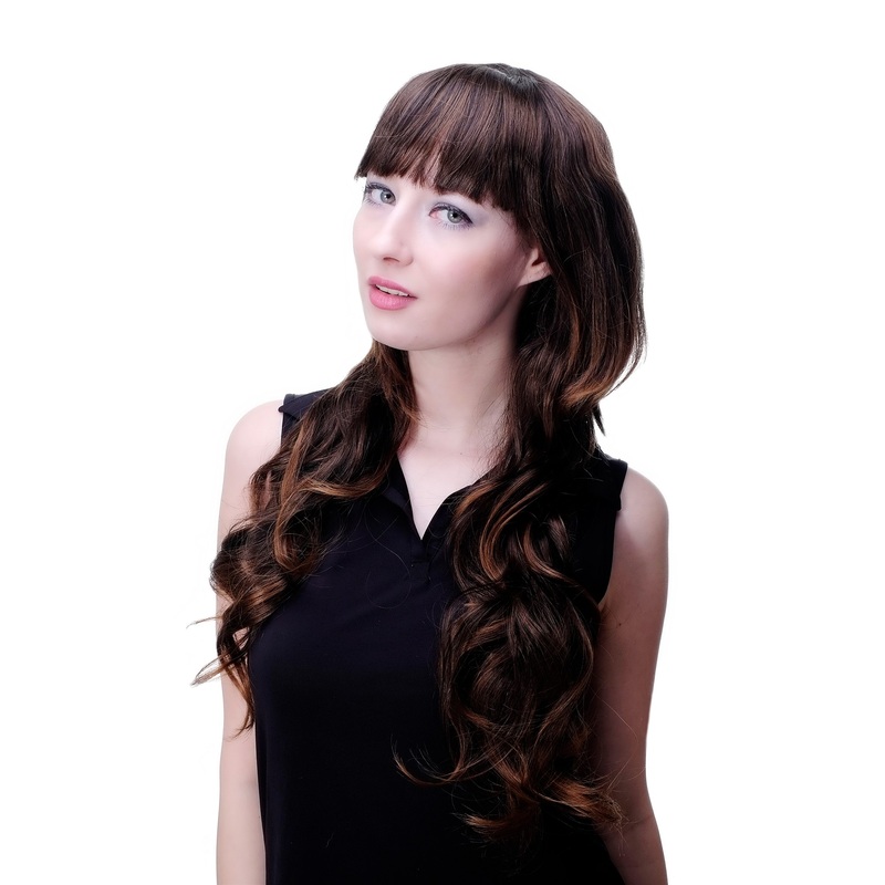 Lady women wig wavy slightly curled side parting long chestnut brown mix 9011A