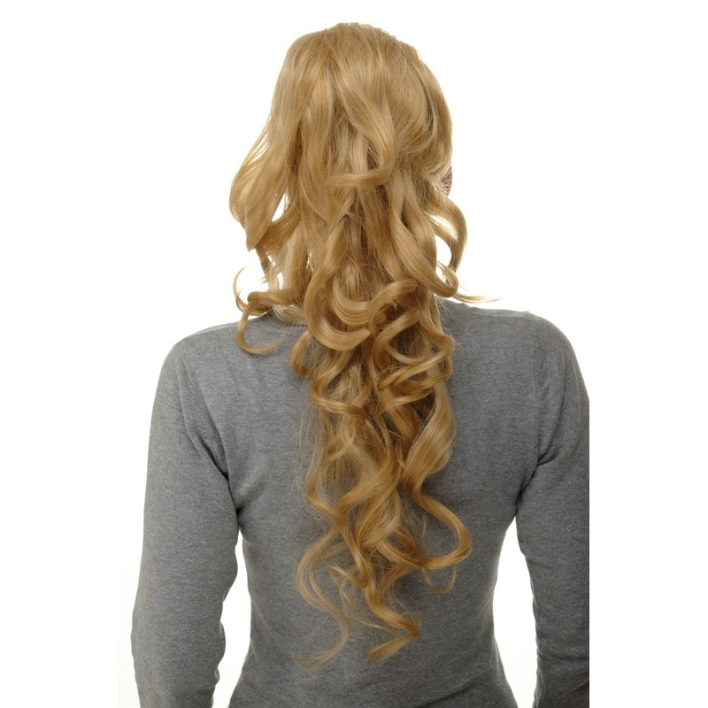 Ponytail clamp combs draw string curled voluminous long bright blond mix WK08