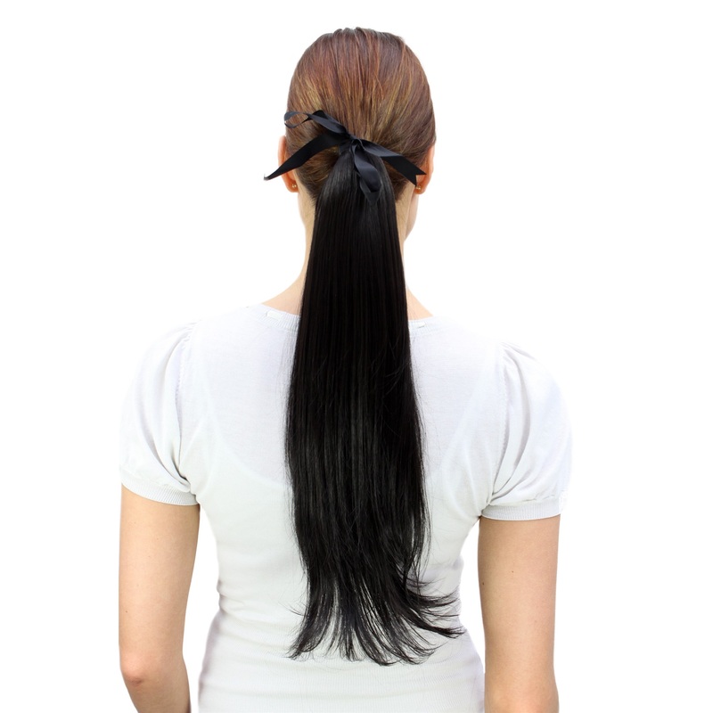 Ponytail comb & ribbon wrap-around hair extension long straight off black C9427