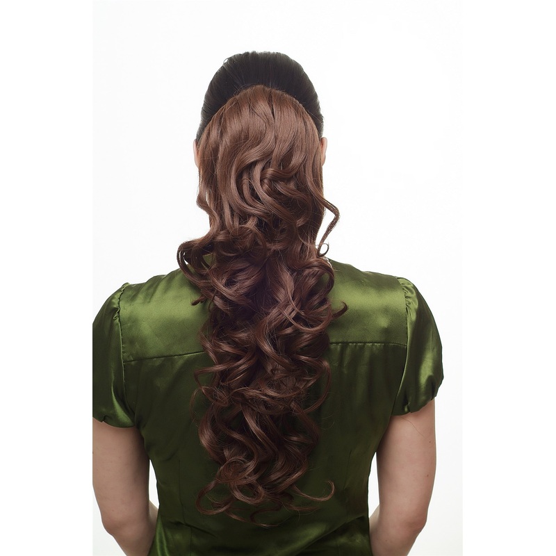 Hairpiece Ponytail clamp combs draw string long curled curls volume brown WK08-57