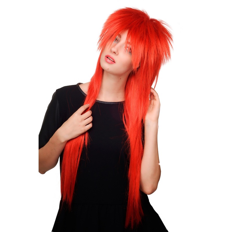 Lady man wig 80’s Hair Metal Hard Rock Glam Wave red teased mullet long 9666