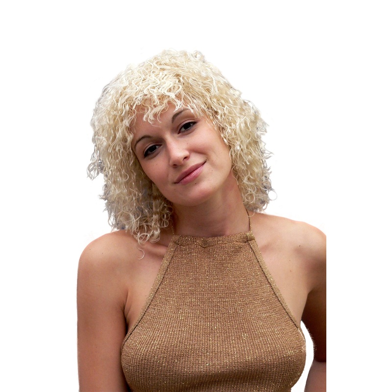 Party Halloween Lady Women Wig shoulder length kinky curls bright blonde TH38-P02