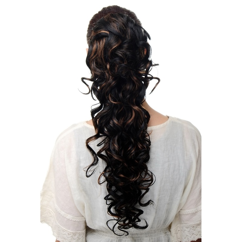 Ponytail Hairpiece extension very long curled curls black & light copper brown JL-3266