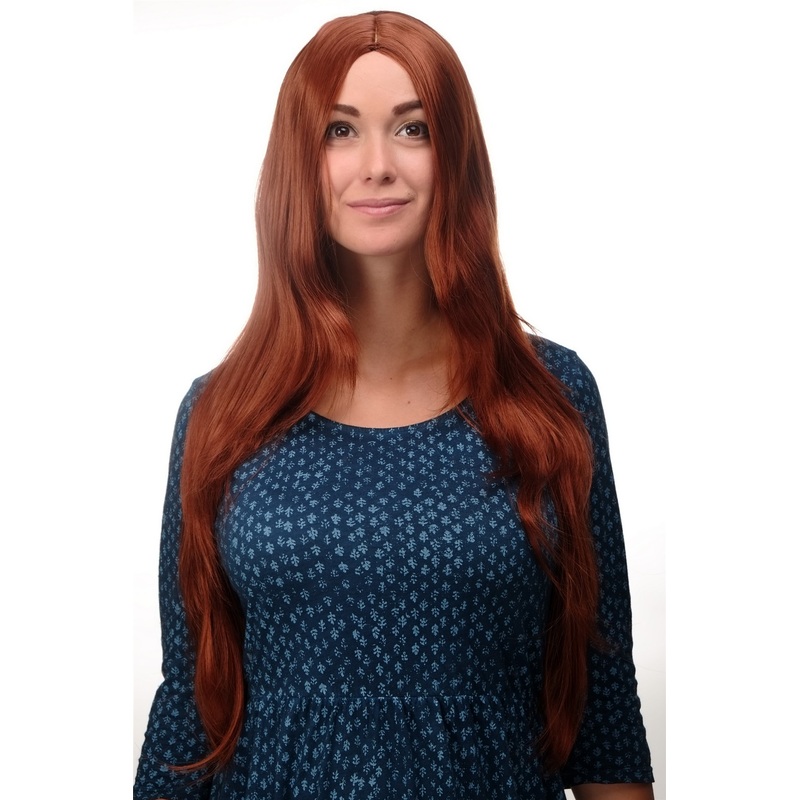 Lady women wig layered very long straight middle parting copper red 3217