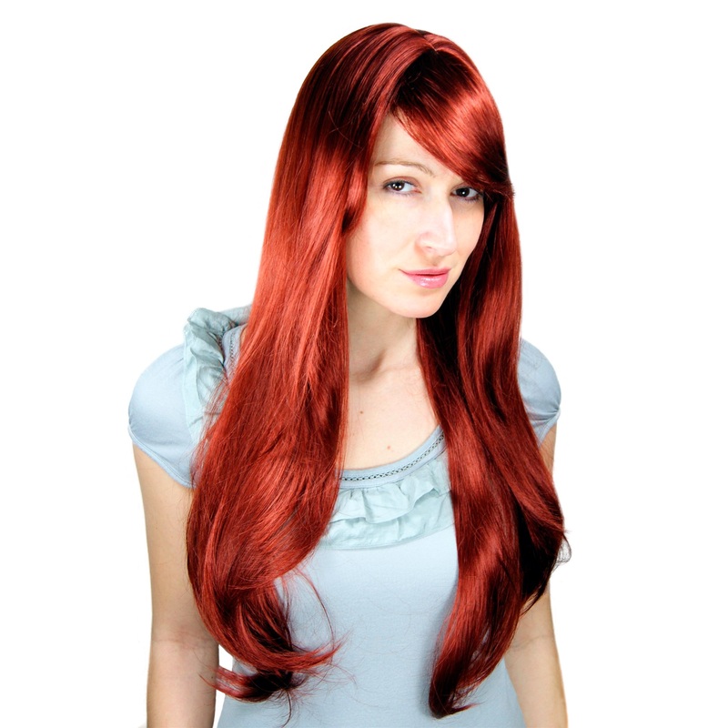 Lady women wig very long fringe part to side straight dark auburn redbrown 3111