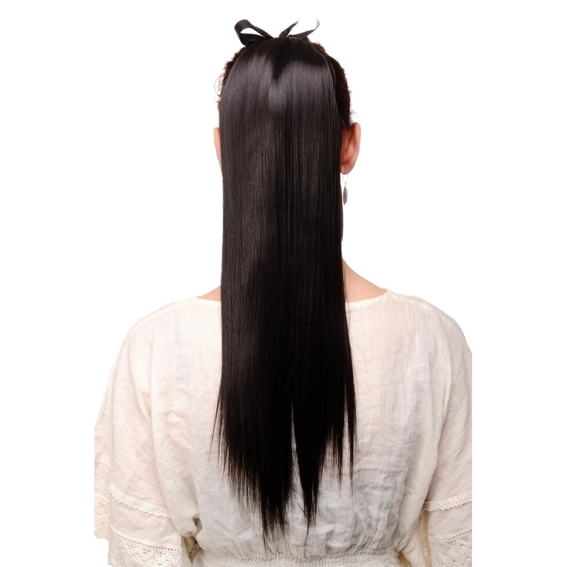 Ponytail comb & ribbon wrap-around hair extension long straight dark brown C9429