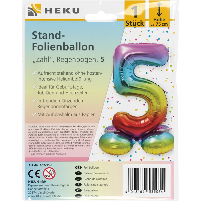 Stand Folienballon Regenbogen Zahl 5 75cm