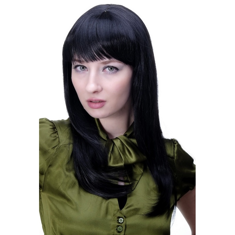 Lady women wig medium length straight bangs off black Gothic Mistress 3114