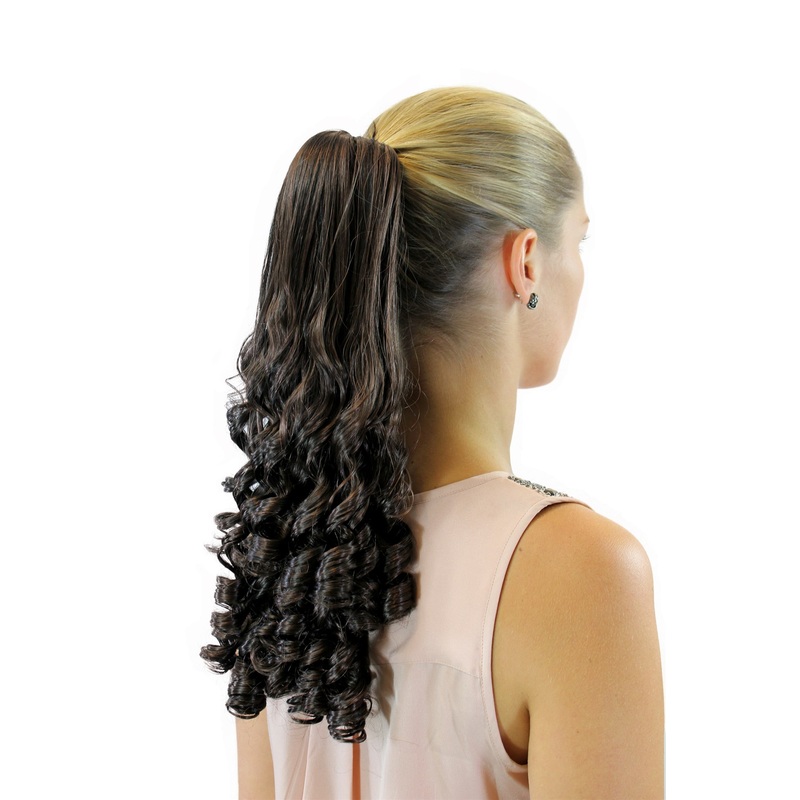 Ponytail Hairpiece medium long curled curls claw clamp mahogany brown mix AL-13A