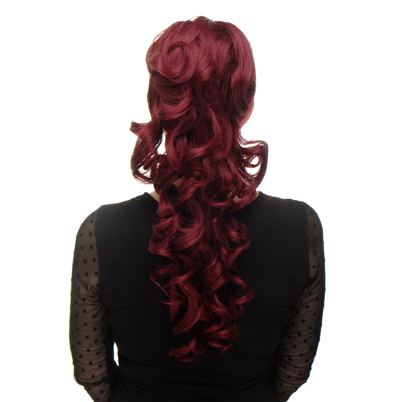 Hairpiece Ponytail combs & draw string curled curls very long garnet red WK03-39