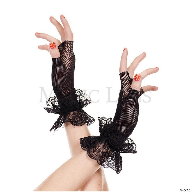 Music Legs 462-BLACK Lace Ruffle Fishnet Fingerless Gloves – Black – One Size