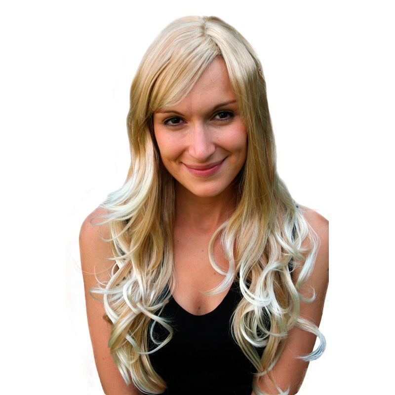 Lady wig long women blonde mix platinum highlights wavy curling tips  9204S