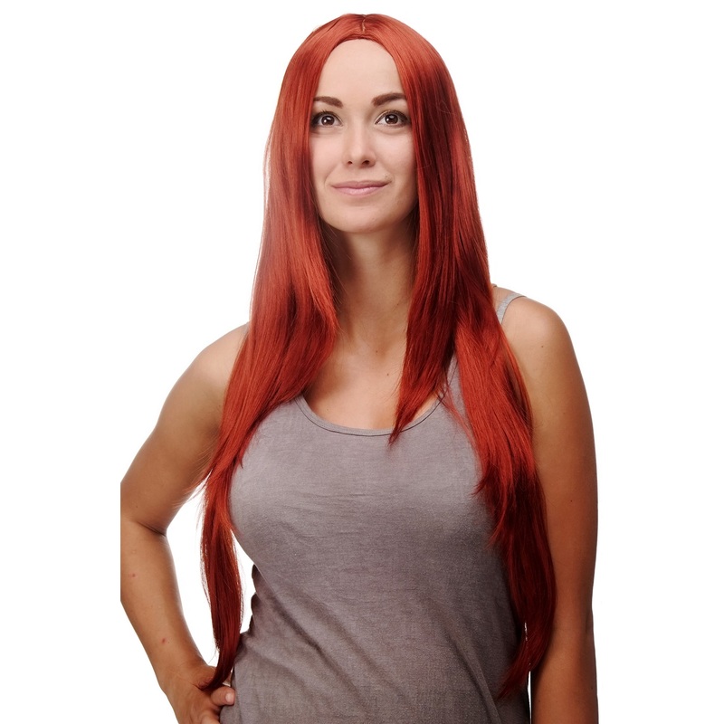 Lady women wig layered very long straight middle parting dark red 3217