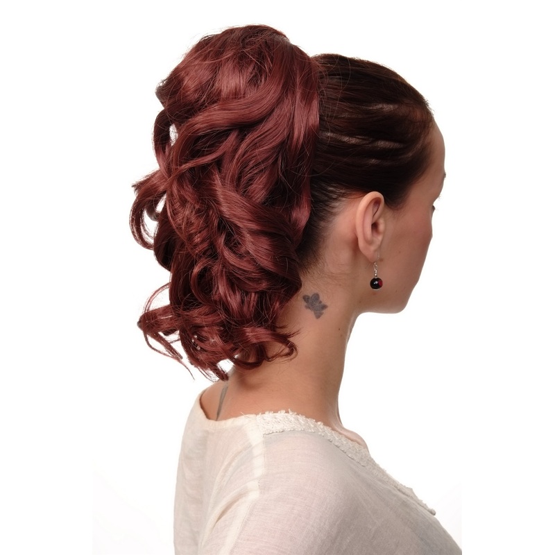 Hairpiece Ponytail comb draw string short wavy voluminous dark auburn JL-3023