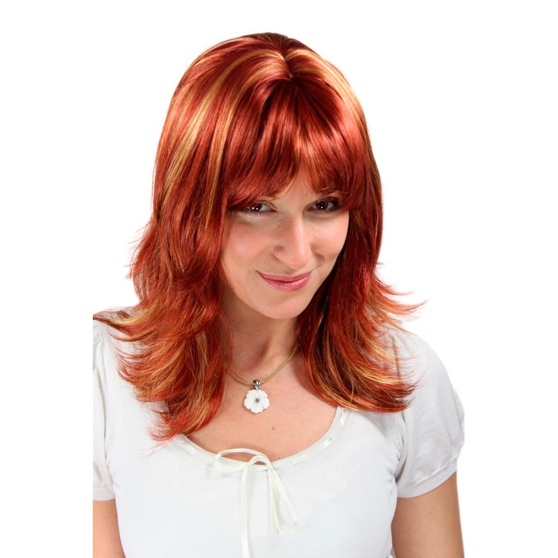 Lady women wig fringe straight layered cut copper red blond mix 50 cm 1548