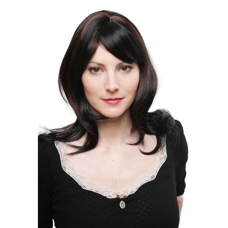 Lady women wig meedium long cute parting wavy black mahagony brown highlights