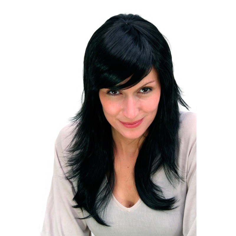 Lady women wig straight layered cut medium long spkiy tips Gothic black 9265