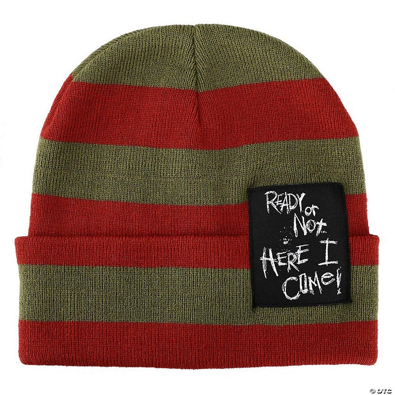 Nightmare On Elm Street Ready Or Not Here I Come Woven Label Striped Cuffed Beanie