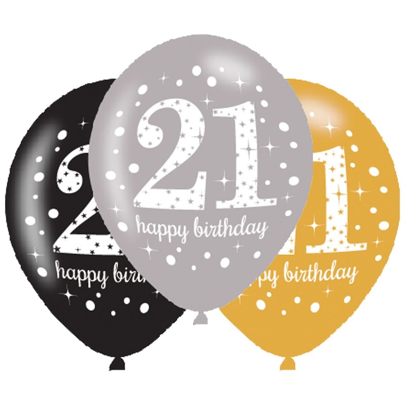6 golden 21st birthday balloons 27.5cm