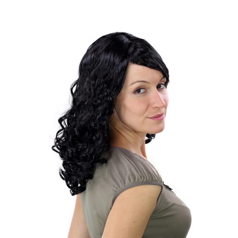 Lady Wig long black fringe slightly curled Hollywood Diva Femme Fatale LM-142