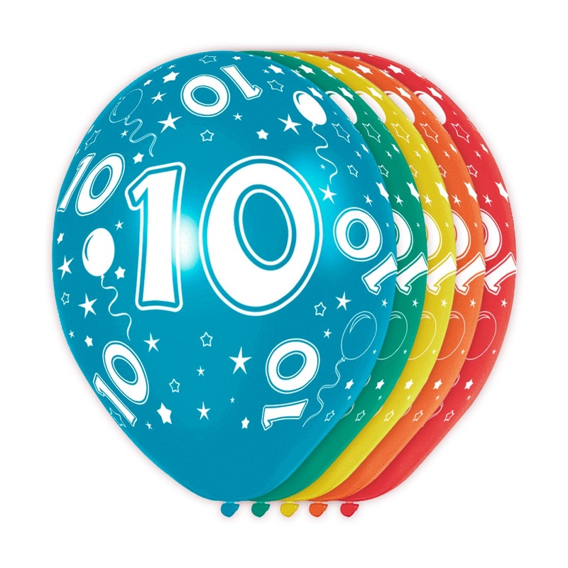 5 colorful latex balloons 10th birthday