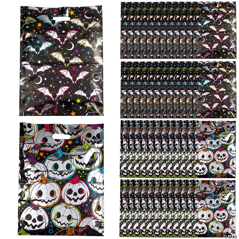 Bulk 50 Pc. Neon Metallic Bats or Pumpkins Plastic Trick-or-Treat Bags