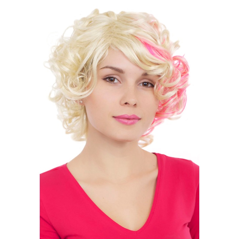 Lady women wig wild curls curled platinum blond pink strands Diva GFW961