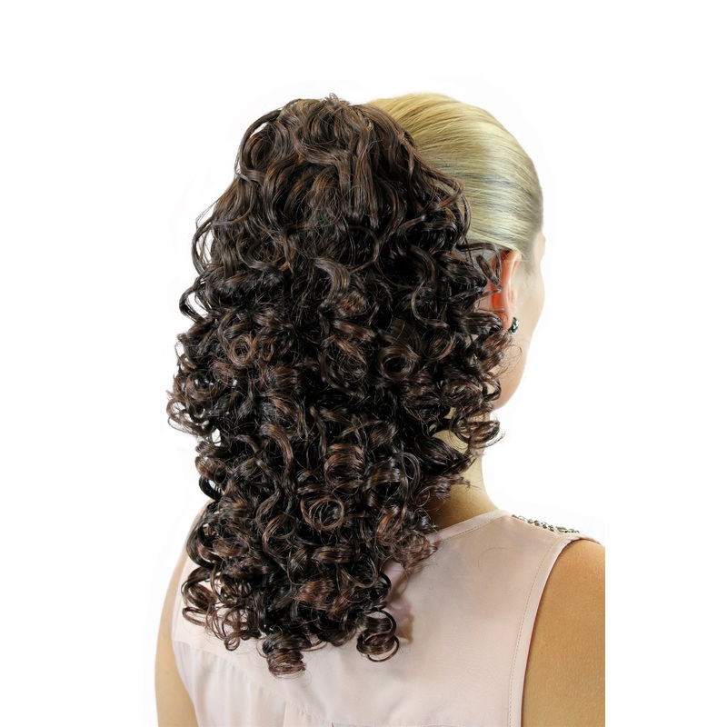 Hairpiece Ponytail comb draw string curly mahogany brown mix medium long JL3022