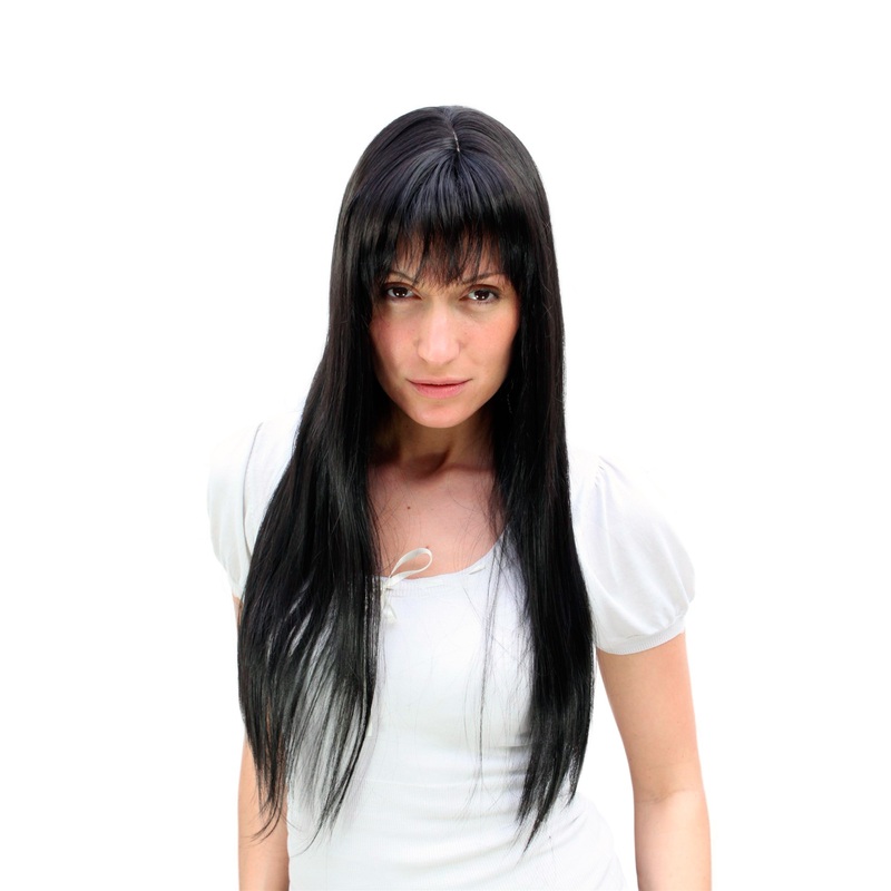 Lady women wig long straight fringe wicked Gothic tempress vamp off black 9293