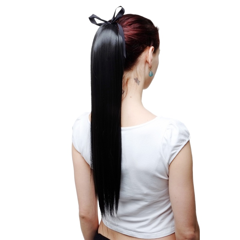 Ponytail comb & ribbon wrap-around hair extension long straight off black C9429