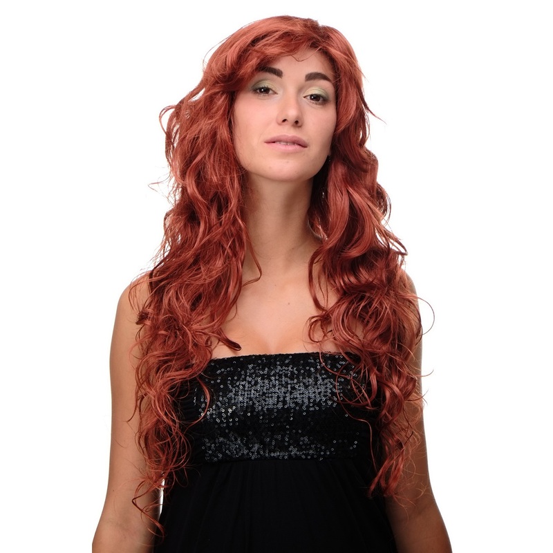 Lady women wig very long wavy curly tips wet-look side parting dark red 9669EL