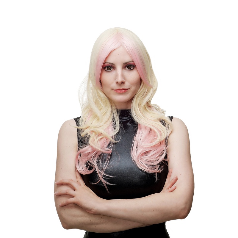 Lady Wig long straight curled tips platinum blond pink mix layered middle parting SA054
