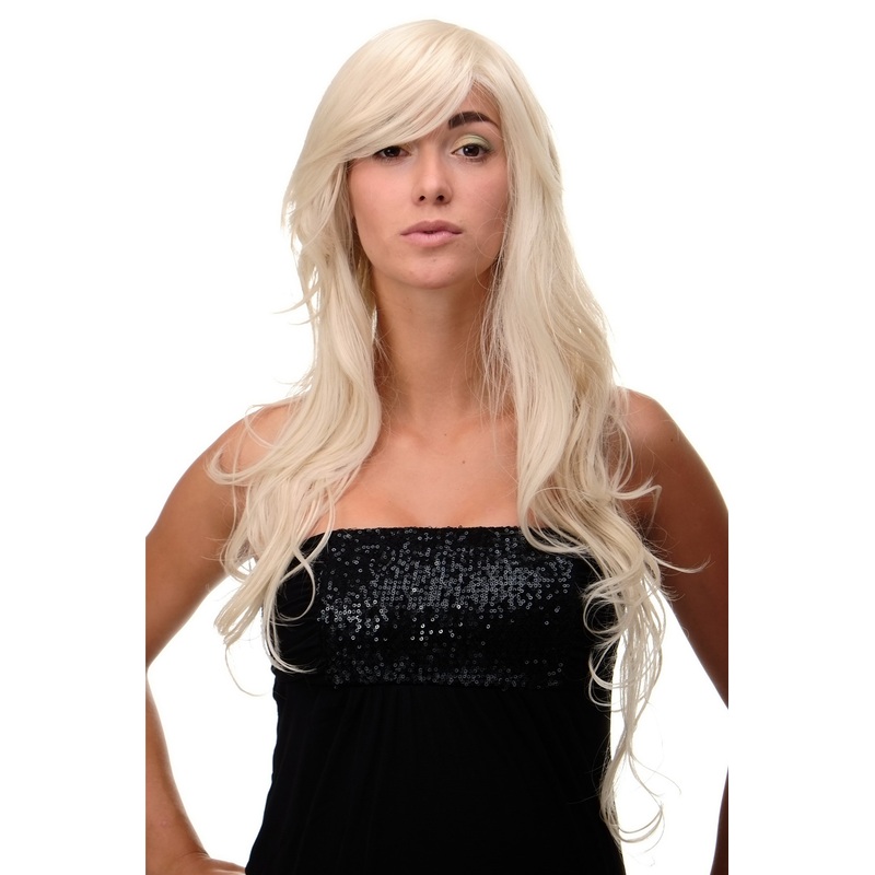 Lady women wig very long wavy curly tips wet-look side parting blonde mix 9669EL