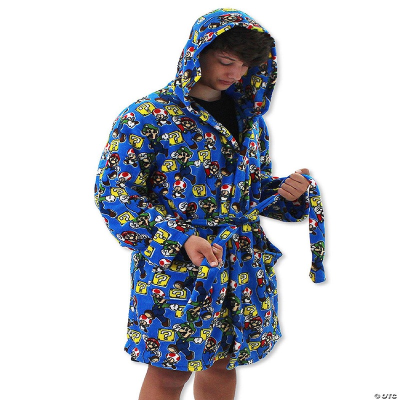 Super Mario Brothers Luigi Toad Adult Plush Hooded Fleece Bathrobe Robe (Small/Medium, Blue)