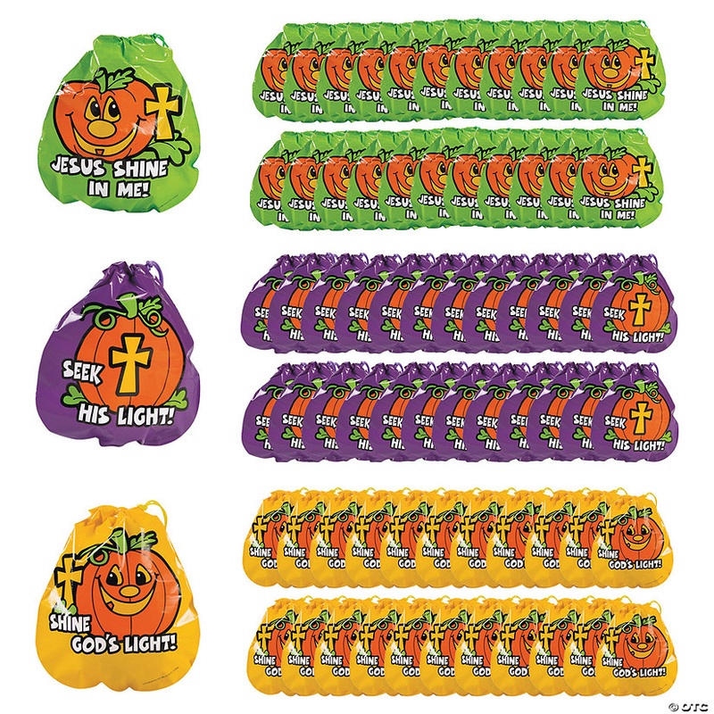 7 x 8 1/2 Bulk 72 Pc. Plastic Christian Pumpkin Drawstring Goody Bags