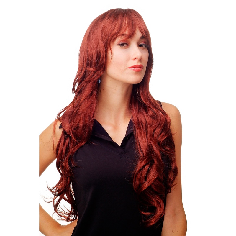 Lady women wig very long wavy long fringe for side parting dark auburn 9204S