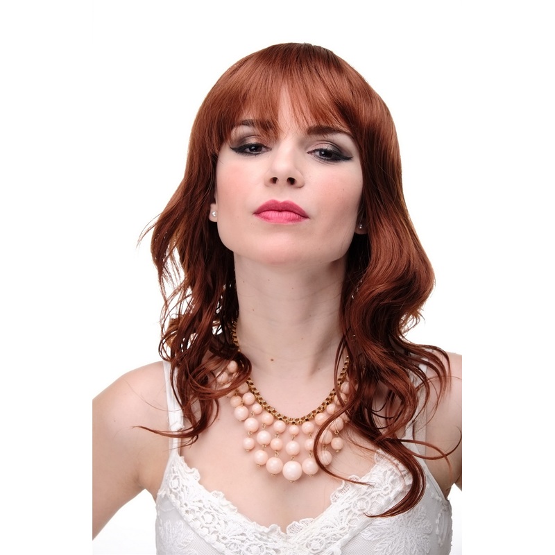 Lady women wig wavy stringy wet look fringe bangs partedcopper red 5019