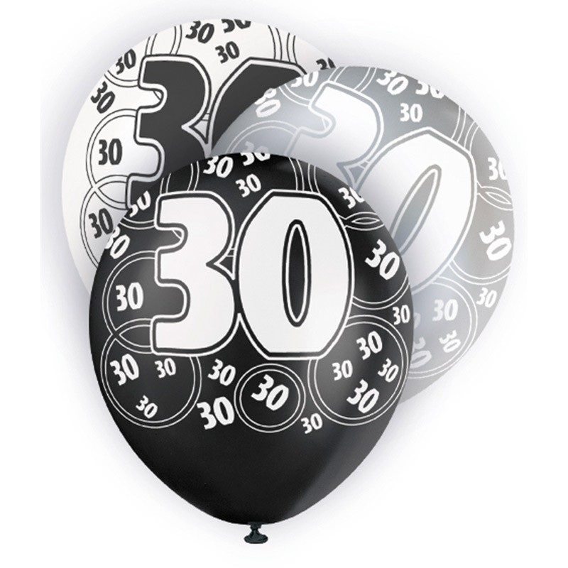 Mix of 6 30th birthday balloons black